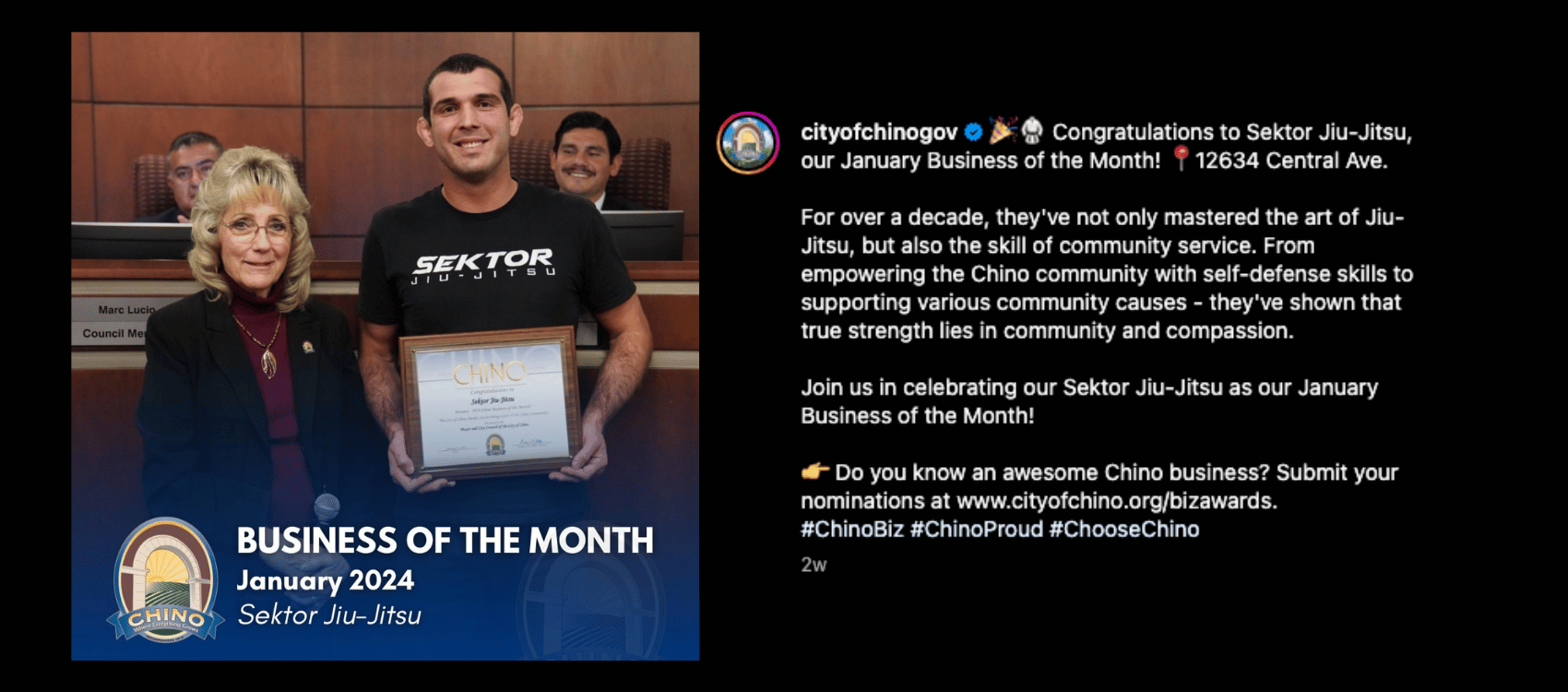 Instagram post from the City of Chino recognizing Sektor BJJ